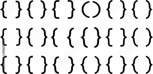 Repeating pattern of black curly braces with a single broken circle element on a clean white background, creating an abstract typographic design.