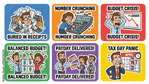 Set of 6 finance and budgeting office stickers showing receipts overload number crunching budget crisis balanced budget payday success and tax day panic scenes for business accounting illustration