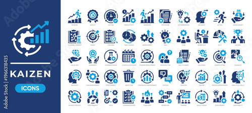 Kaizen icon set featuring continuous improvement, productivity, workflow optimization, and lean management. Simple flat color vector.
