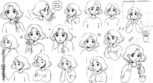 Emotion Exploration: Girl with Bob Hair in Various Moods - Hand-Drawn Black and White Illustration
