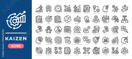Kaizen icon set featuring continuous improvement, productivity, workflow optimization, and lean management. Simple line vector.