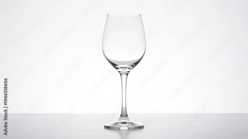 Fototapeta premium A clear wine glass with a slender stem and wide bowl tapers toward the rim, standing upright on a white background with elegant reflective highlights.