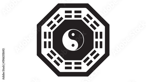 Yin yang symbol in octagonal Chinese lattice pattern on in minimalist style with black and colors for spirituality and wellness branding Transparent Background