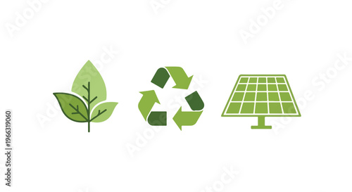 Green Eco-friendly Icon Set with Leaves, Recycle Symbol, and Solar Panel Isolated on White