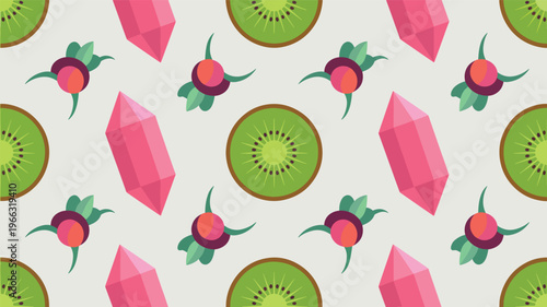 Pink geometric crystals and kiwi slices seamless pattern
