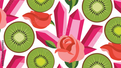 Sliced kiwi fruit, pink roses, and geometric crystals patterned flower green