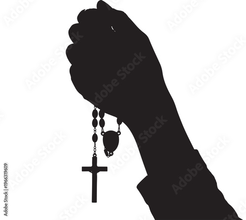 Hand holding rosary beads in silhouette with dramatic lighting for religious symbolism Transparent Background
