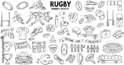 Rugby Doodle Set: Hand-Drawn Collection of Rugby Objects