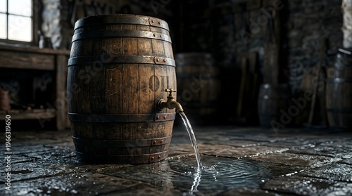Pure life-giving water flows from an ancient barrel marked for oil, a powerful visual metaphor representing the essential shift from industrial dependency to environmental sustainability
