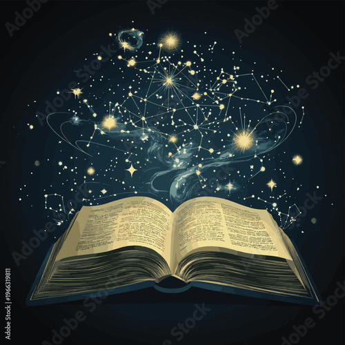 book with pages turning into a star map, where constellations come alive, suggesting stories , vector style simple color