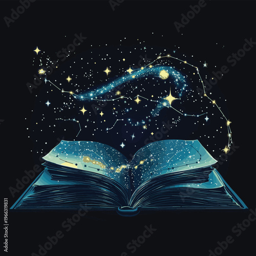 book with pages turning into a star map, where constellations come alive, suggesting stories , vector style simple color