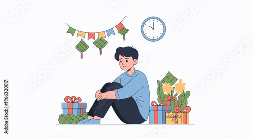 Man Sitting With Gifts and Celebration Props.