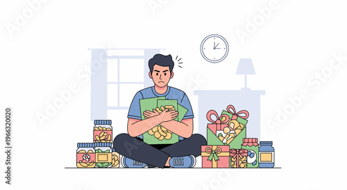 Man Sitting With Groceries And Cat At Home.