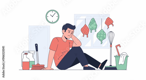 Man Sitting with Headache in Laboratory Setting.