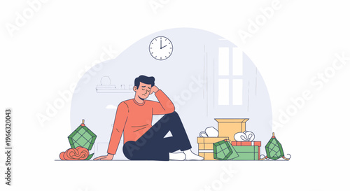 Man sitting with money bags and coins indoors.