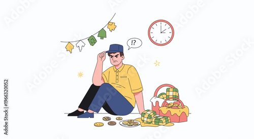 Man Sitting with Money Illustration Surrounded by Cash and Coins.