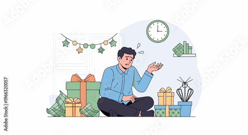 Man Surrounded By Gifts Celebrating Birthday At Home.