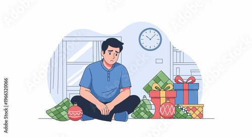 Man Sitting with Stacks of Money and Gift Boxes.