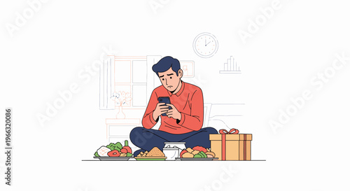 Man Using Smartphone While Sitting With Groceries.