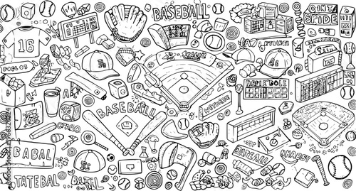 Detailed black and white doodle art featuring a comprehensive collection of baseball equipment and elements, including bats, balls, gloves, uniforms, scoreboards, and fields.
