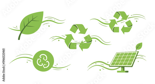 Green Ecology Icon Set Featuring Leaf Recycle Symbols and Solar Panel Isolated on White