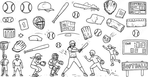 Hand-drawn Doodle Set of Softball Game Elements: Bats, Balls, Gloves, Helmets, Bases, Scoreboards, and Player Actions for Sport-themed Illustrations