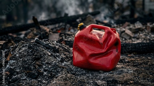 A warped red fuel canister stands as a haunting sentinel amidst the smoldering ash, embodying the spark of ruin that reduced a once-vibrant structure to charred whispers