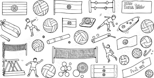Sepak Takraw Doodle Set: Traditional Southeast Asian Sport Illustration