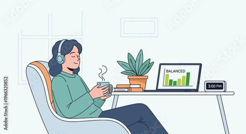 Illustration of a relaxed woman wearing headphones sitting with a coffee cup at a desk with a laptop and plant in a casual home office setting.