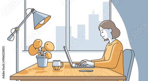 A woman sits at a wooden desk working on a laptop with a lamp, plant, and coffee cup on the desk in front of a city view window with a minimalist interior design.