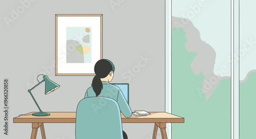 Illustration of a woman sitting at a desk working on a laptop with a green lamp and chair in a minimalist room with a large window.