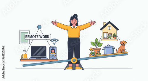 A cartoon woman balancing work and home life on a seesaw with various objects and pets in a colorful, illustrative style against a clean white background.