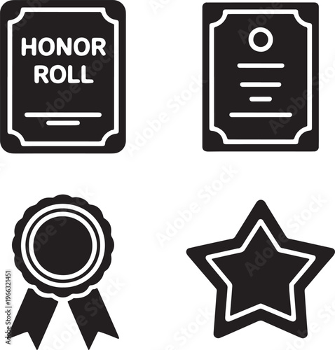 Collection of black silhouette academic award icons honor roll diploma certificate and medal