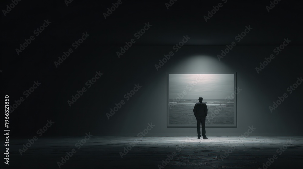 Obraz premium Solitary figure stares at a monochrome sea painting in a spotlighted, empty room