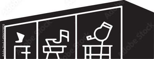 Outline drawing of mid century modern house interior with minimalist furniture and teapot