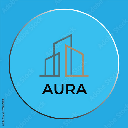 Minimalist real estate logo design with abstract building line art and Aura text in a circular frame.