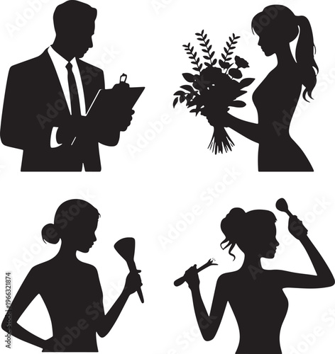 People silhouettes man with clipboard woman with flowers girl with makeup applying makeup artist