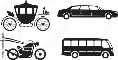 Set of four classic transportation vehicles including carriage limousine motorcycle and bus