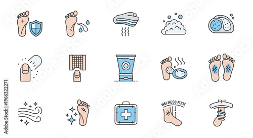 A comprehensive set of vector icons illustrating various aspects of foot care, hygiene, and health treatments.