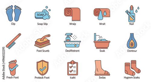 Flat design icons illustrating foot care, hygiene, and protection, including washing, scrubbing, soaking, drying, nail care, and fresh foot maintenance.