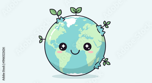 Cute Kawaii Earth Character with Sparkling Eyes and Growing Green Sprouts, Environmental Ecology and Sustainability Concept Vector Illustration