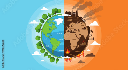 Global Warming and Climate Change Concept with Healthy Green Earth vs Polluted Environment Comparison Vector Illustration