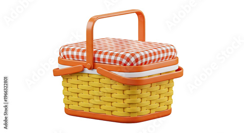 Yellow Picnic Basket with Orange Handle and Gingham Lid