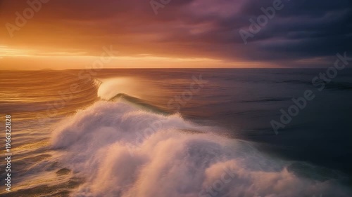 Slow cinematic tracking powerful ocean waves crashing sunset, golden light on foam, dramatic warm colors