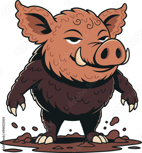 grumpy cartoon pig standing in mud vector illustration