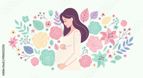 Beautiful illustration of a pregnant woman surrounded by colorful blooming flowers, symbolizing new life, motherhood, and the profound joy of expecting a baby