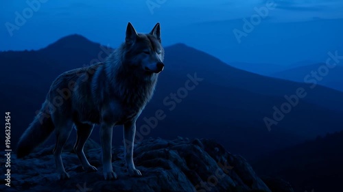 Majestic wolf Standing on Rocky Outcrop During Twilight with Mountain Backdrop