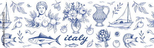 Italy culture decorative silhouette icon collection, Mediterranean vector artwork set, food design graphic, coastal illustration motif, flat vector illustration