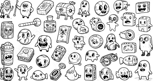 Black and white hand-drawn doodle monsters and quirky cartoon creatures collection. Funny, cute, and whimsical characters vector art.