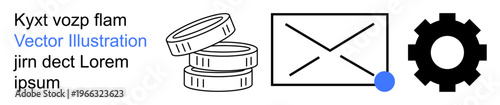 Business, technology, finance, communication, notifications, workflow. Stacked coins, envelope with notification dot gear. Finance and notifications business efficiency and technology integration